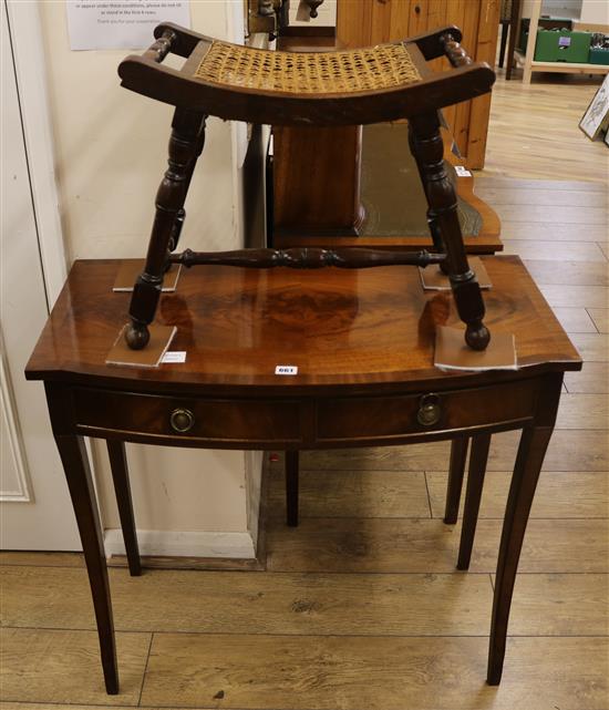 A George III banded mahogany side table and a cane seated stool, table W.86cm